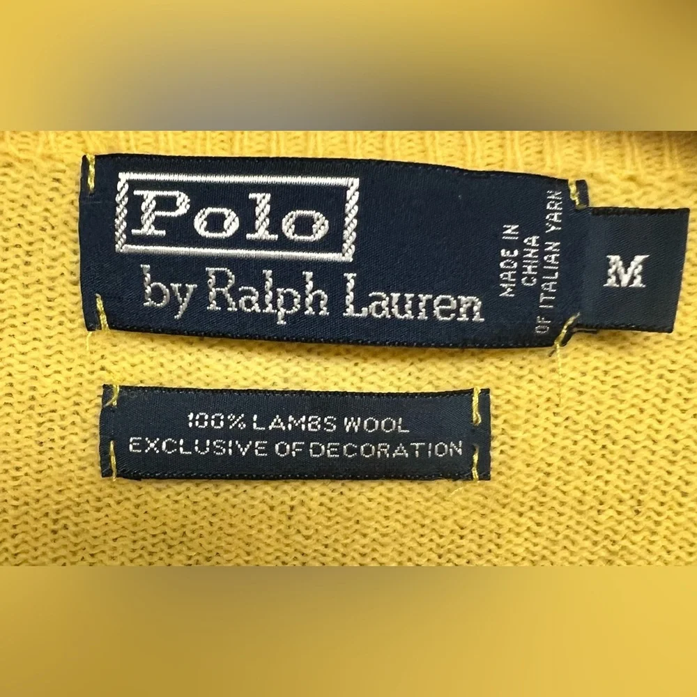 Polo by Ralph‎ Lauren - Mens Yellow V-Neck Lambswool Sweater, Logo left chest, M